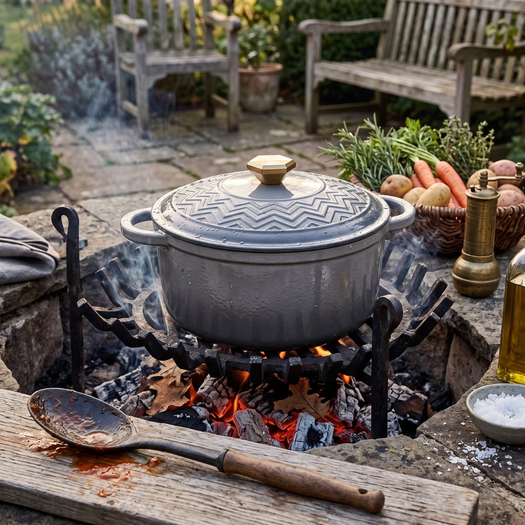 Enameled Cast Iron Dutch Oven with Moisture-Seal Lid and Potholders