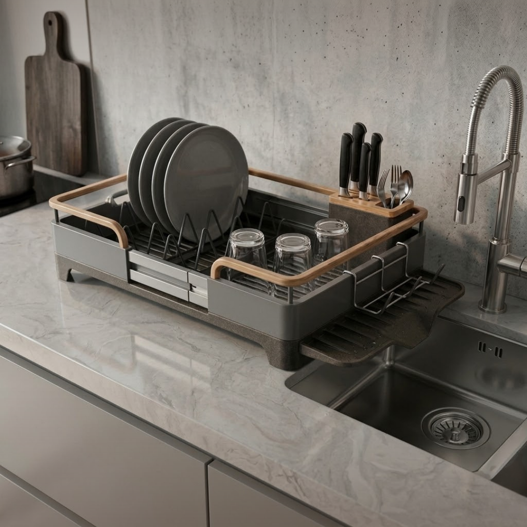 Expandable Stainless Steel Dish Rack with Drain Tray and Utensils Holder
