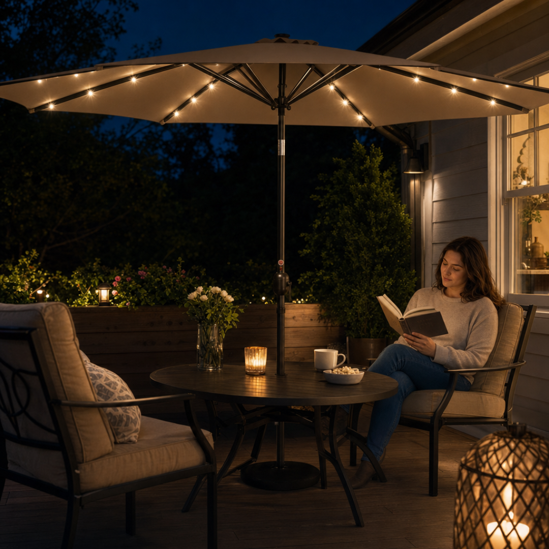 10 ft Solar LED Patio Umbrella with Tilt and Crank for Backyard