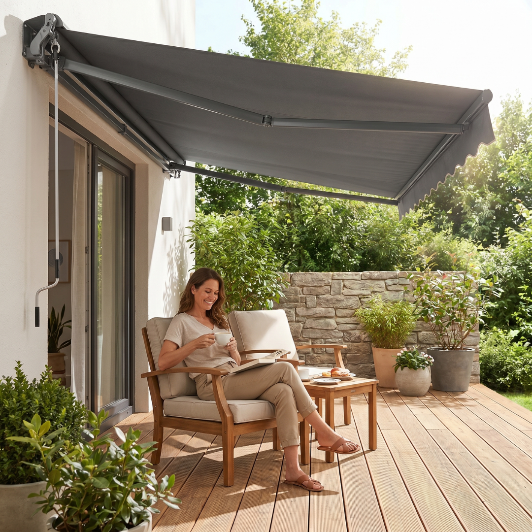 10x8 ft Manual Retractable Patio Awning with Adjustable Crank