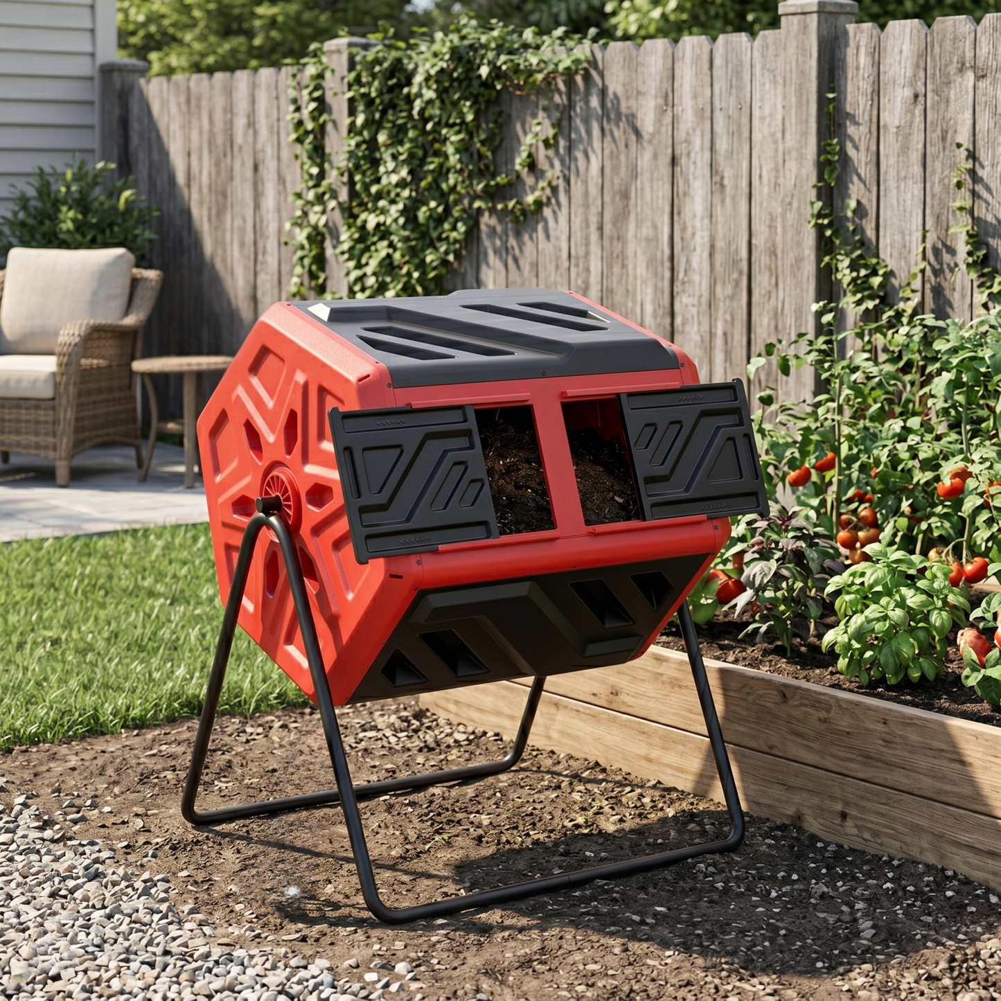 160 L Dual Chamber Compost Tumbler Bin Rotating Barrel Frame System