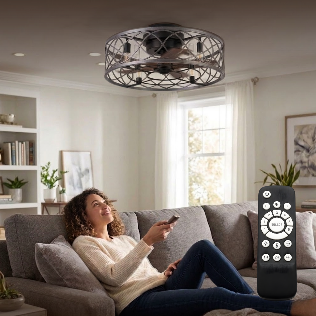 20-Inch Flush Mount Caged Ceiling Fan with Light and 6 Speed Remote