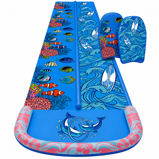 25 ft Double Lane Lawn Water Slide with Splash Pool and Bodyboards