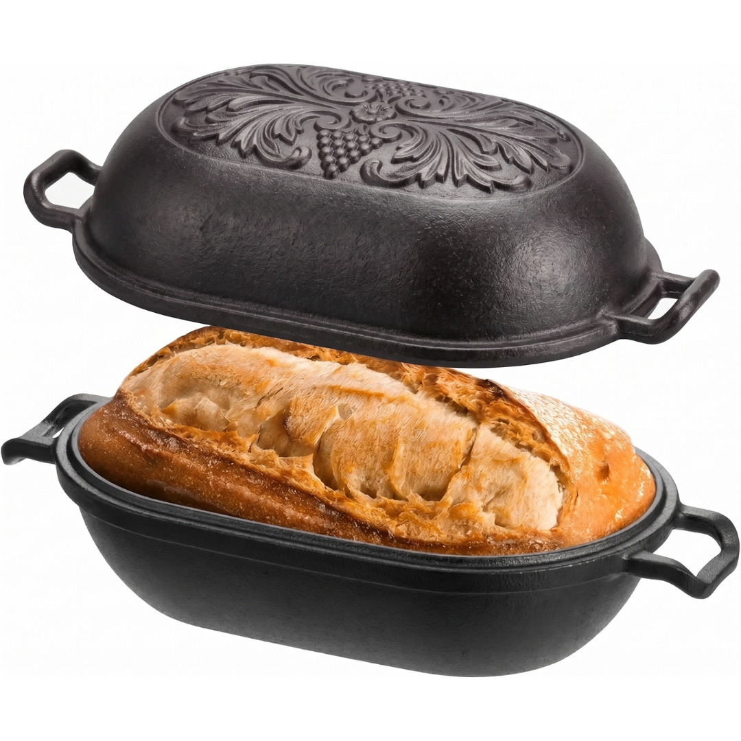 3.3 Quart Cast Iron Loaf Pan with Lid Pre-Seasoned Oval Bread Baker