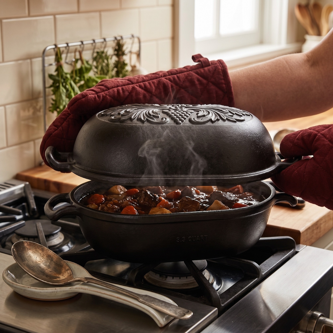 3.3 Quart Cast Iron Loaf Pan with Lid Pre-Seasoned Oval Bread Baker
