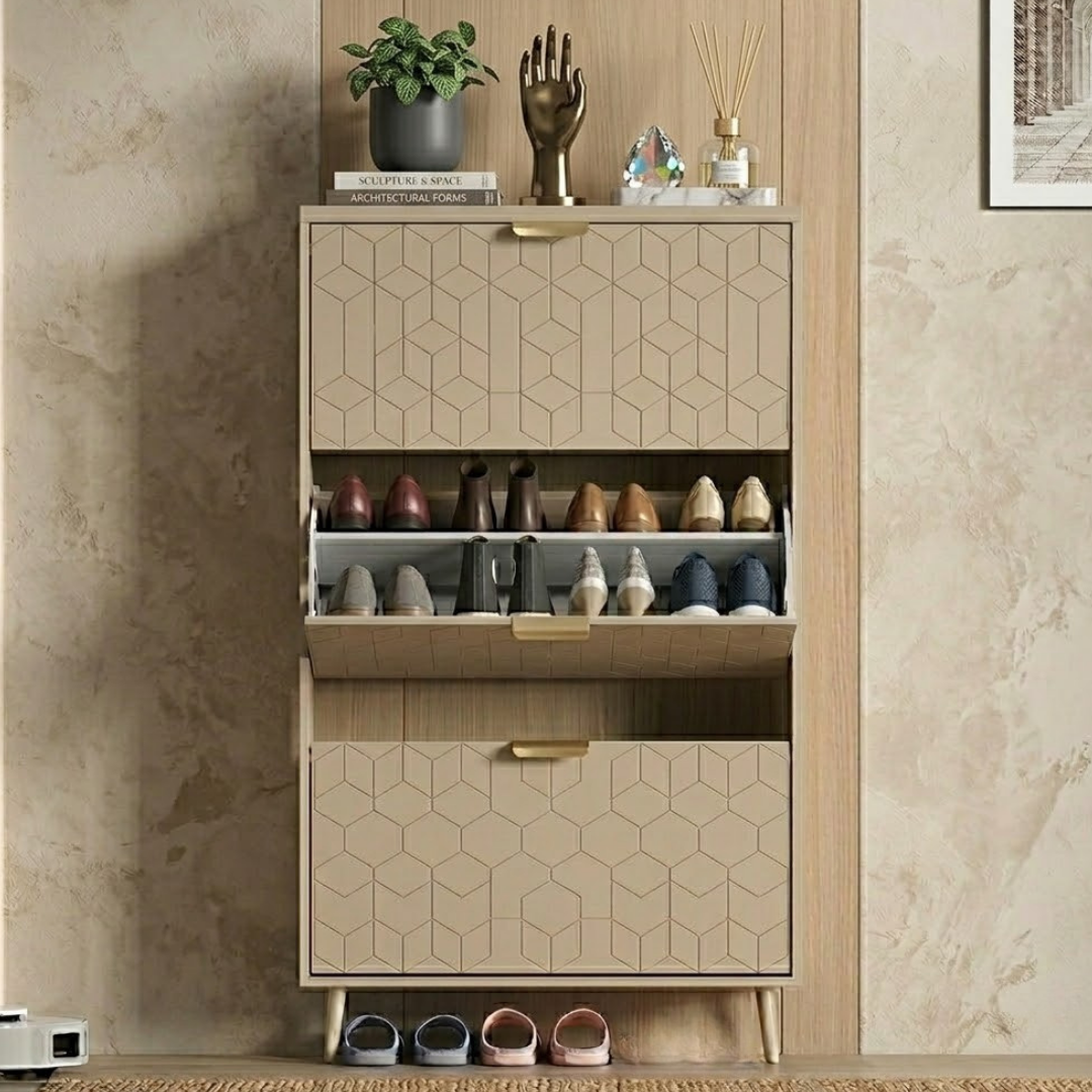 3-Drawer Slim Shoe Cabinet with Flip Compartments and Top Surface