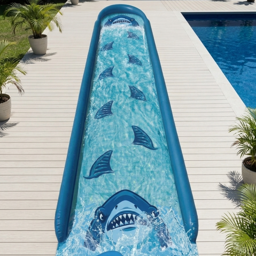 30 ft Shark Water Slide with 2 Bodyboards and Built-In Sprinkler