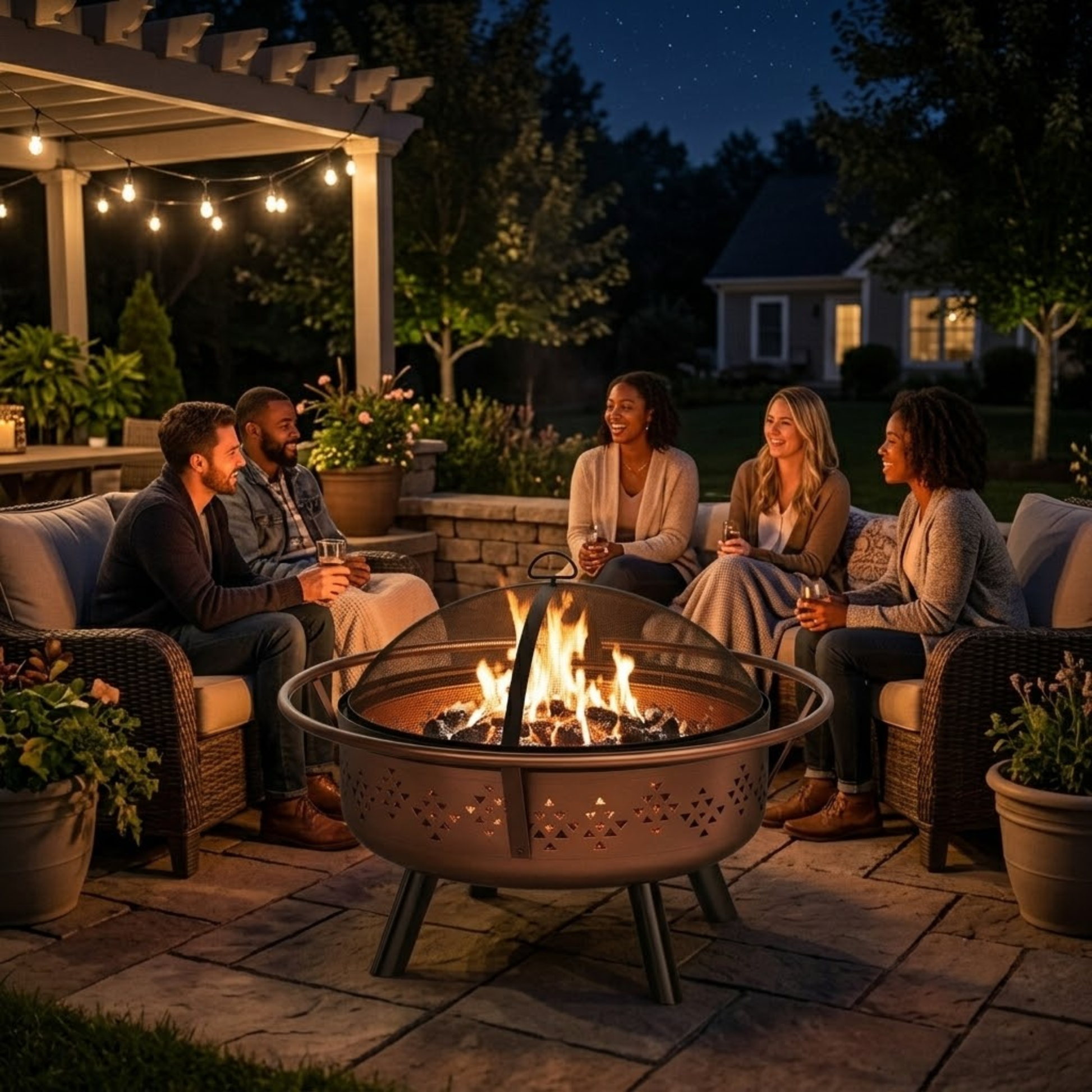 32 Inches Round Metal Wood Burning Fire Pit with Mesh Cover for Patio