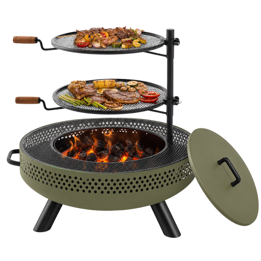 35 Inch Outdoor Fire Pit with Dual Cooking Grates and Tabletop Cover