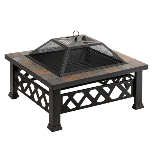 35 Inches Square Metal Fire Pit Table with Spark Screen for Backyard
