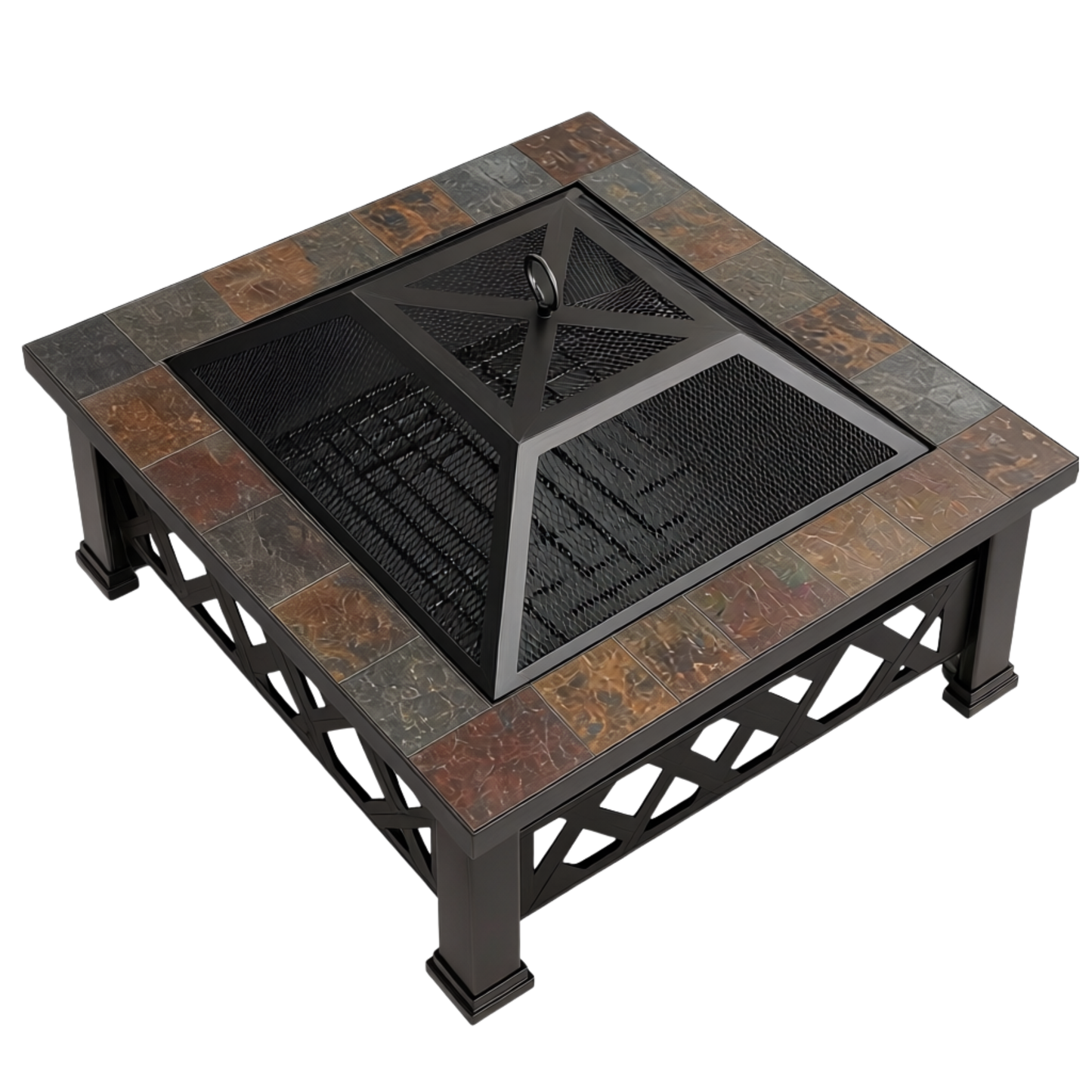 35 Inches Square Metal Fire Pit Table with Spark Screen for Backyard