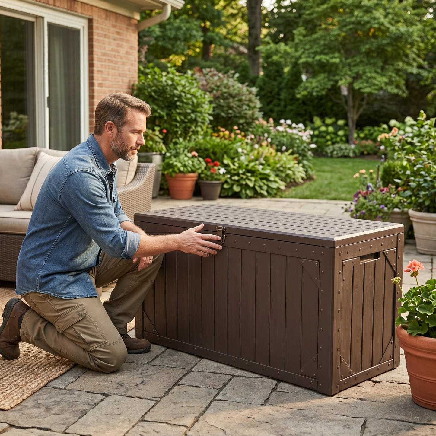420 L Garden Storage Box, Resin Deck, Chest Lockable Flip Lid