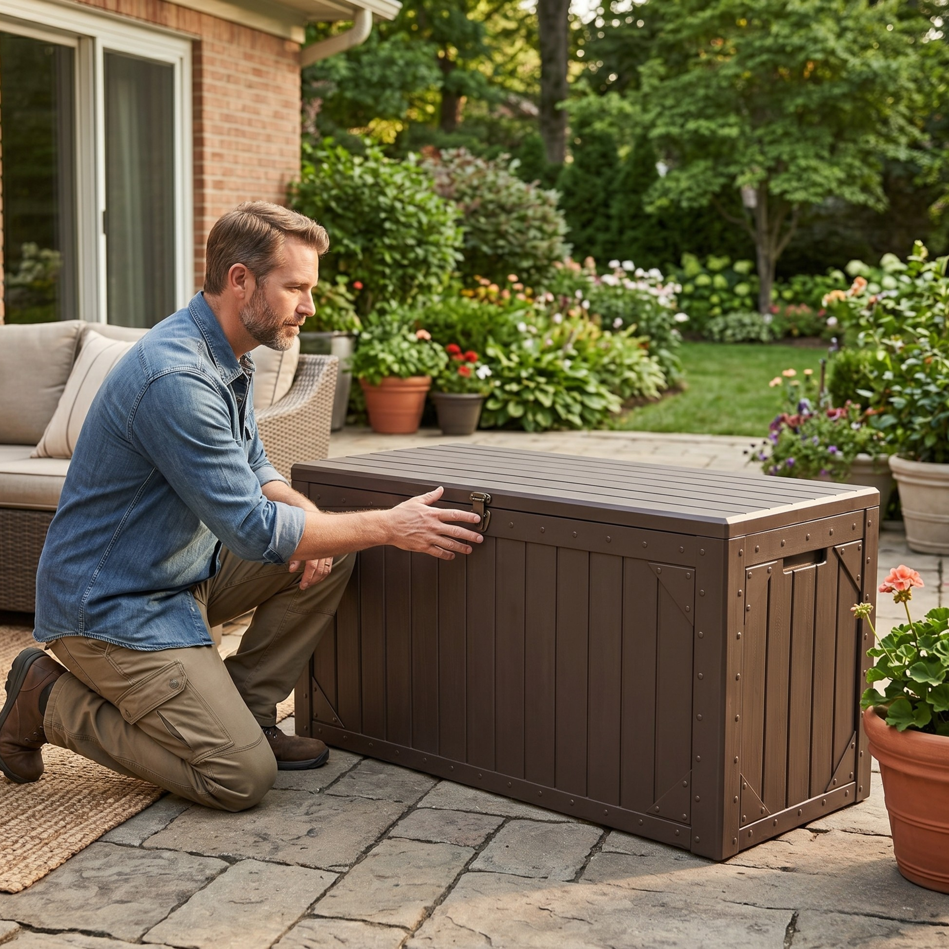 420 L Garden Storage Box, Resin Deck, Chest Lockable Flip Lid