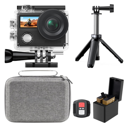 4K Action Camera with Dual Screens Water-Resistant Case WiFi Mount Kit