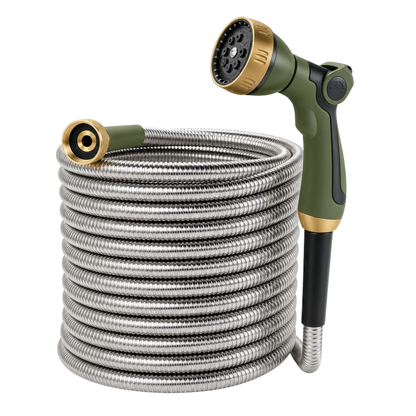 50ft 304 Stainless Steel Garden Hose with 8 Pattern Spray Nozzle