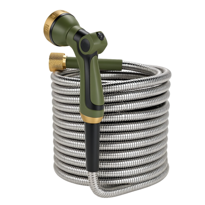 50ft 304 Stainless Steel Garden Hose with 8 Pattern Spray Nozzle