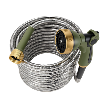 50ft 304 Stainless Steel Garden Hose with 8 Pattern Spray Nozzle