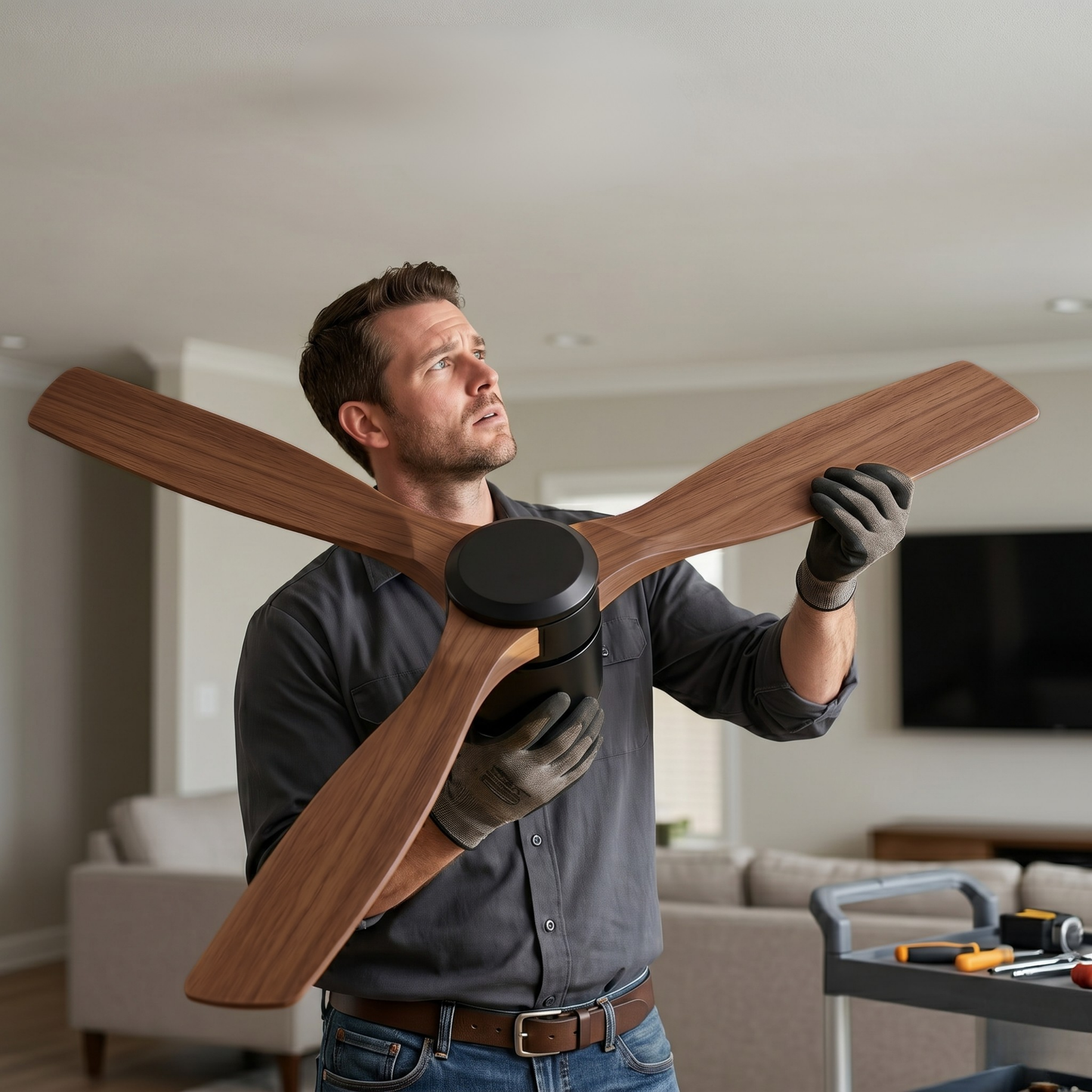 52 Inch Flush Mount Ceiling Fan with Remote, 6 Speeds Wood Blades