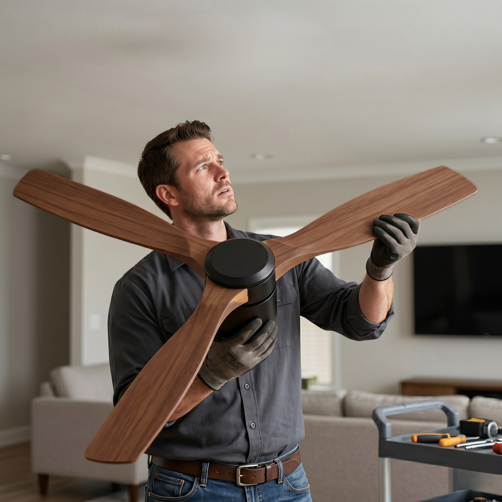 52 Inch Flush Mount Ceiling Fan with Remote, 6 Speeds Wood Blades