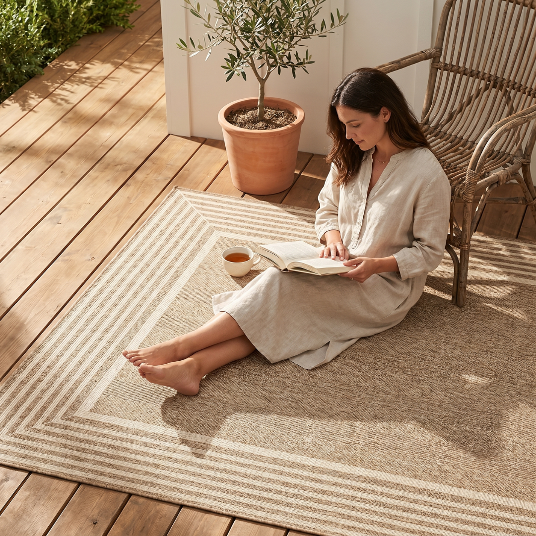 5x8 ft Water Resistant Area Rug with Striped Border, Rectangular