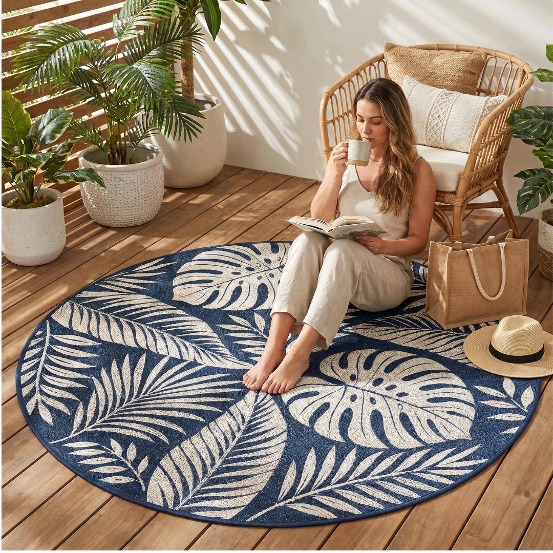 6 ft Round Reversible Polypropylene Patio Camping Rug with Stakes