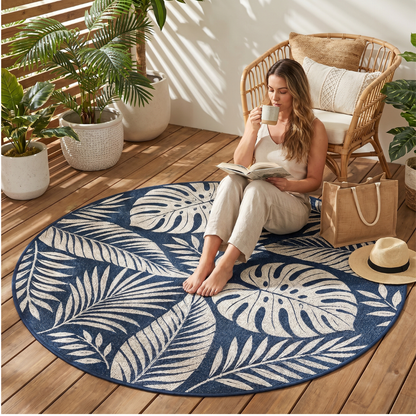6 ft Round Reversible Polypropylene Patio Camping Rug with Stakes