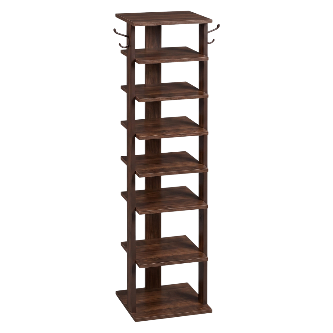 8 Tier Vertical Shoe Rack Narrow Wooden Storage with Side Hooks