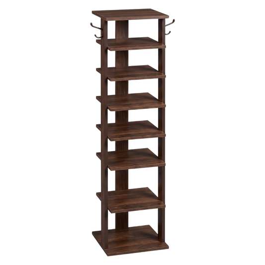 8 Tier Vertical Shoe Rack Narrow Wooden Storage with Side Hooks