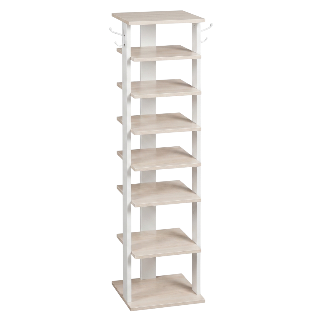 8 Tier Vertical Shoe Rack Narrow Wooden Storage with Side Hooks