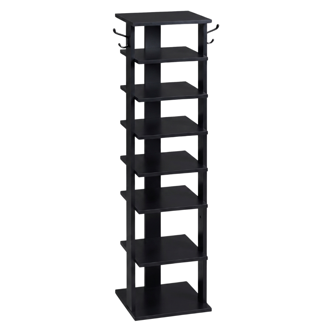 8 Tier Vertical Shoe Rack Narrow Wooden Storage with Side Hooks