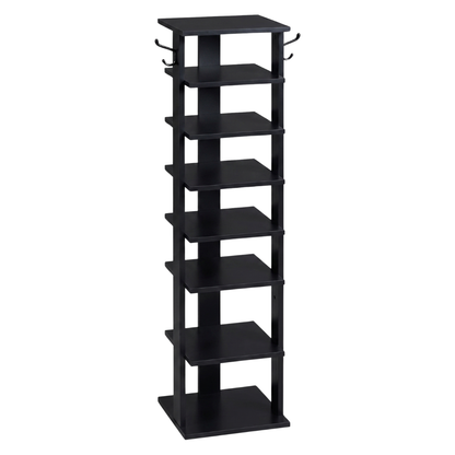8 Tier Vertical Shoe Rack Narrow Wooden Storage with Side Hooks