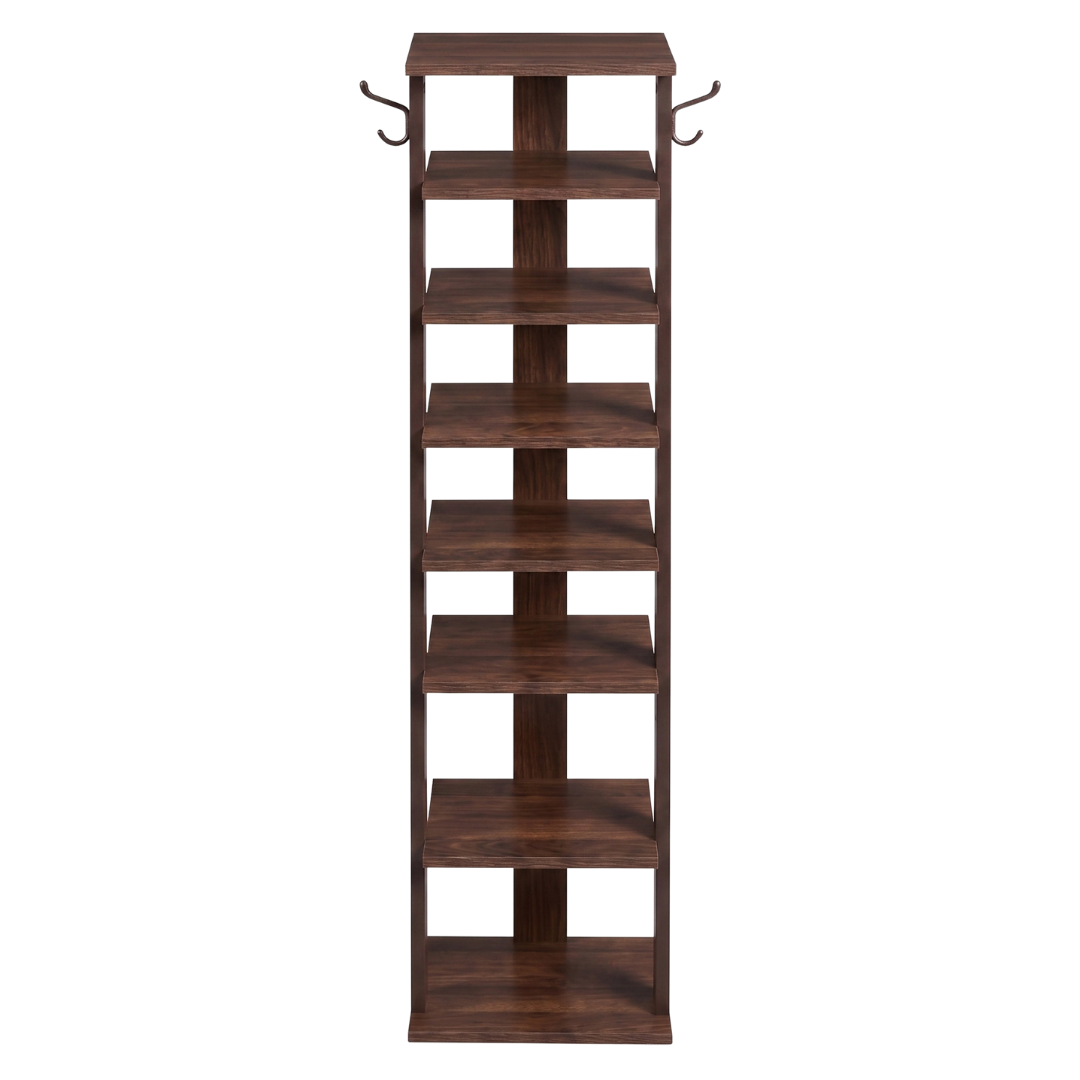 8 Tier Vertical Shoe Rack Narrow Wooden Storage with Side Hooks
