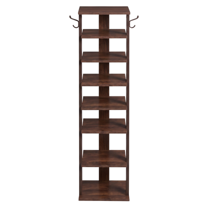 8 Tier Vertical Shoe Rack Narrow Wooden Storage with Side Hooks