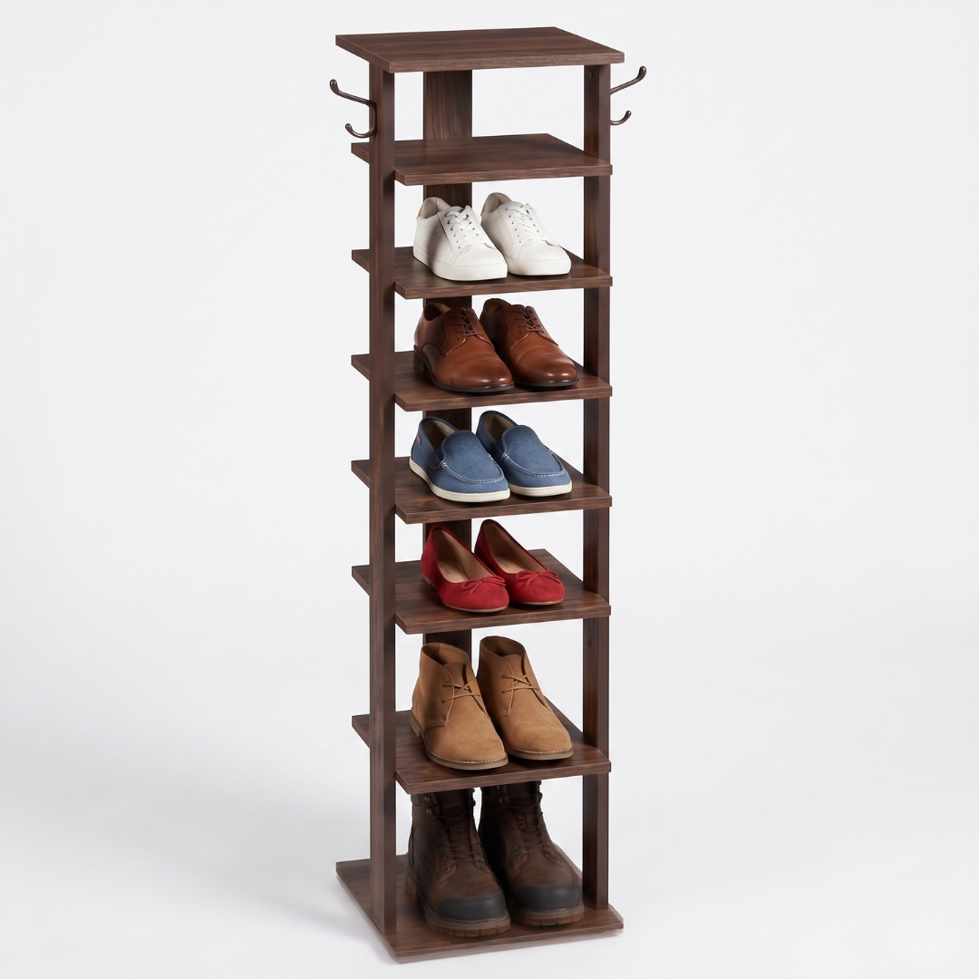 8 Tier Vertical Shoe Rack Narrow Wooden Storage with Side Hooks
