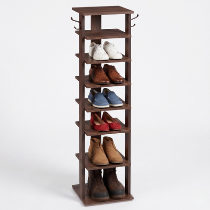 8 Tier Vertical Shoe Rack Narrow Wooden Storage with Side Hooks