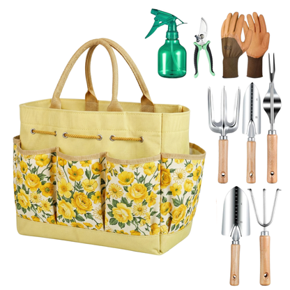 9-Piece Gardening Tool Set with Floral Tote Bag and Hand Tools