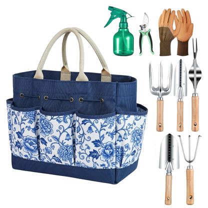 9-Piece Gardening Tool Set with Floral Tote Bag and Hand Tools