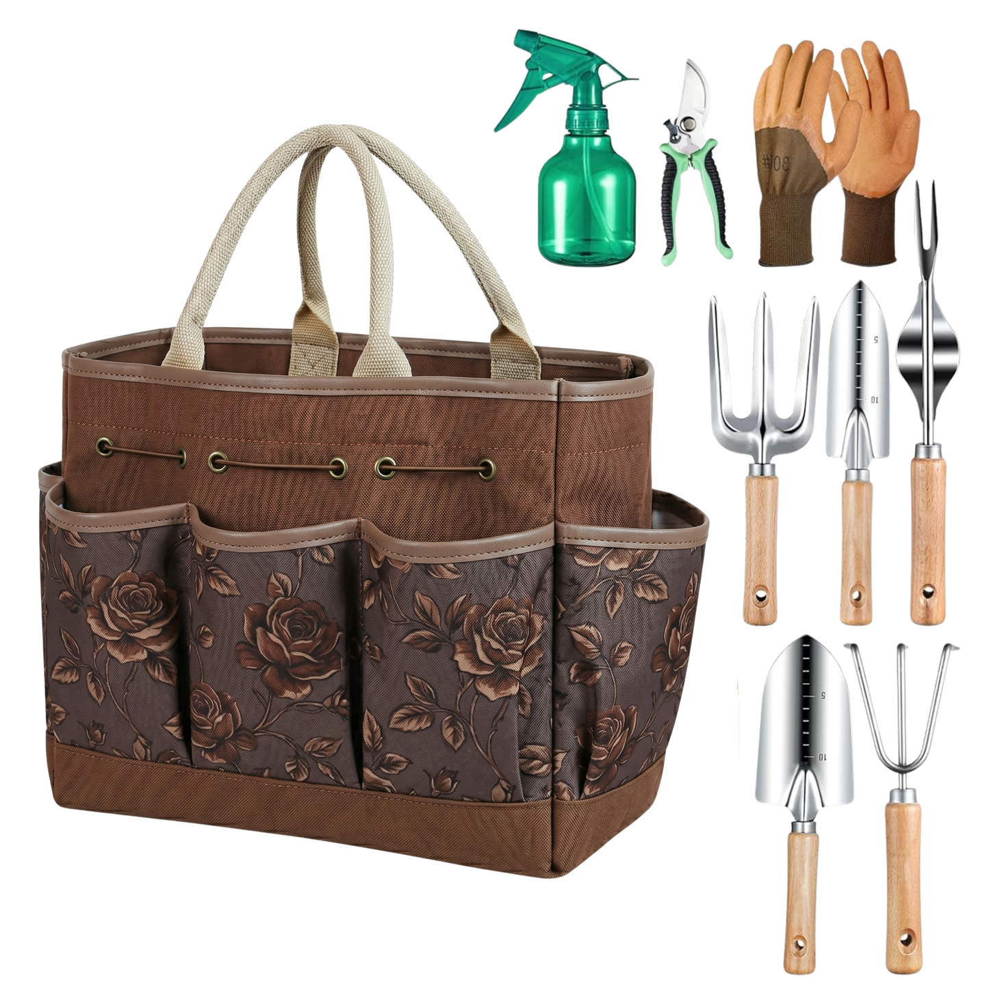 9-Piece Gardening Tool Set with Floral Tote Bag and Hand Tools
