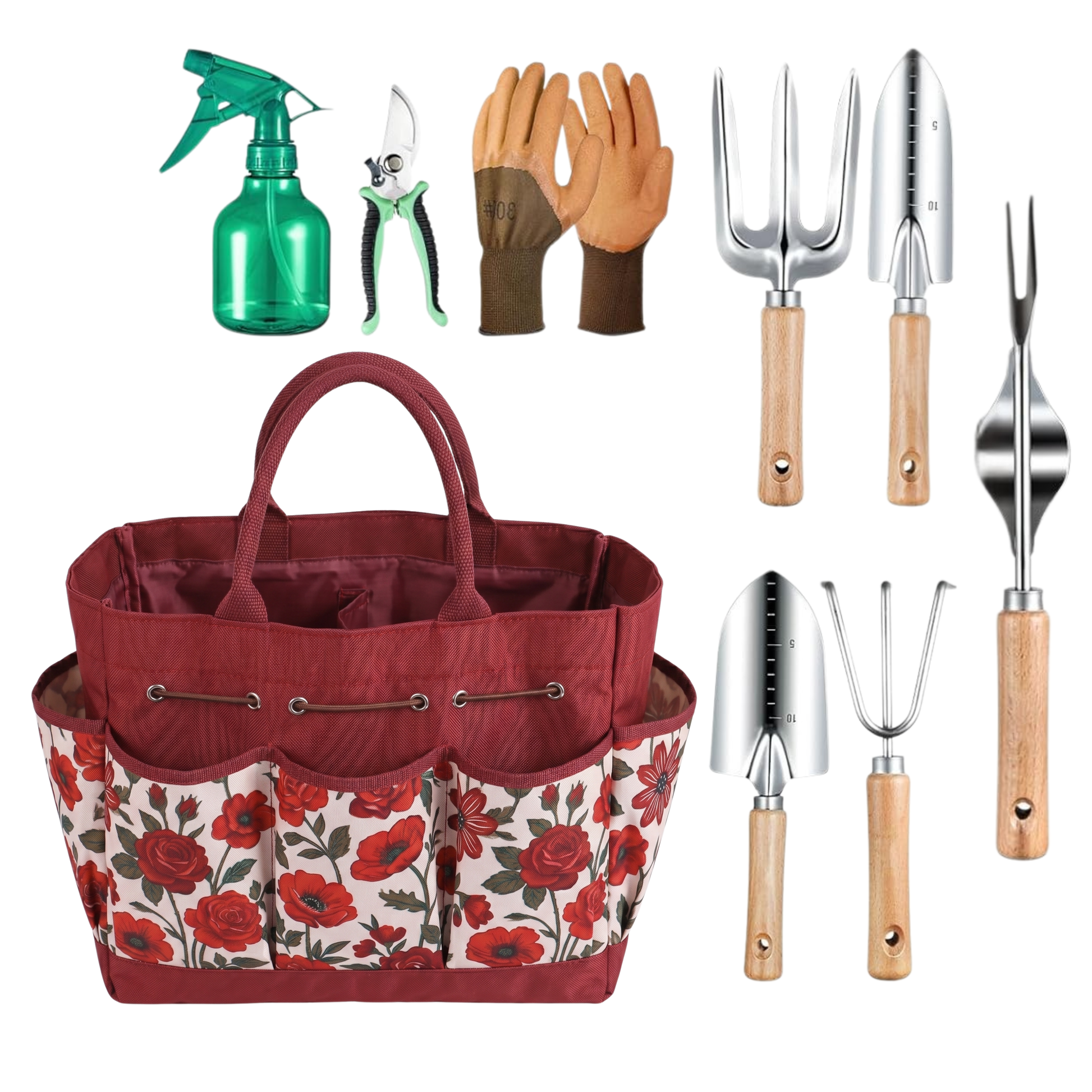 9-Piece Gardening Tool Set with Floral Tote Bag and Hand Tools