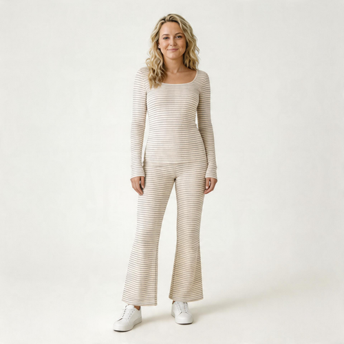 Sunday Stripe Lounge Set-Huggleo-Beige-S