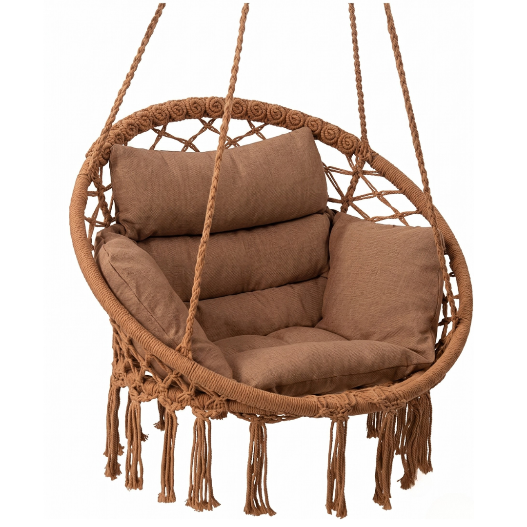 Boho Macrame Hammock Chair with Cushion for Patio and Porch Use