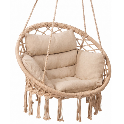 Boho Macrame Hammock Chair with Cushion for Patio and Porch Use