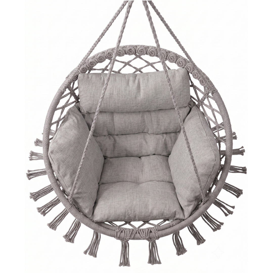 Boho Macrame Hammock Chair with Cushion for Patio and Porch Use
