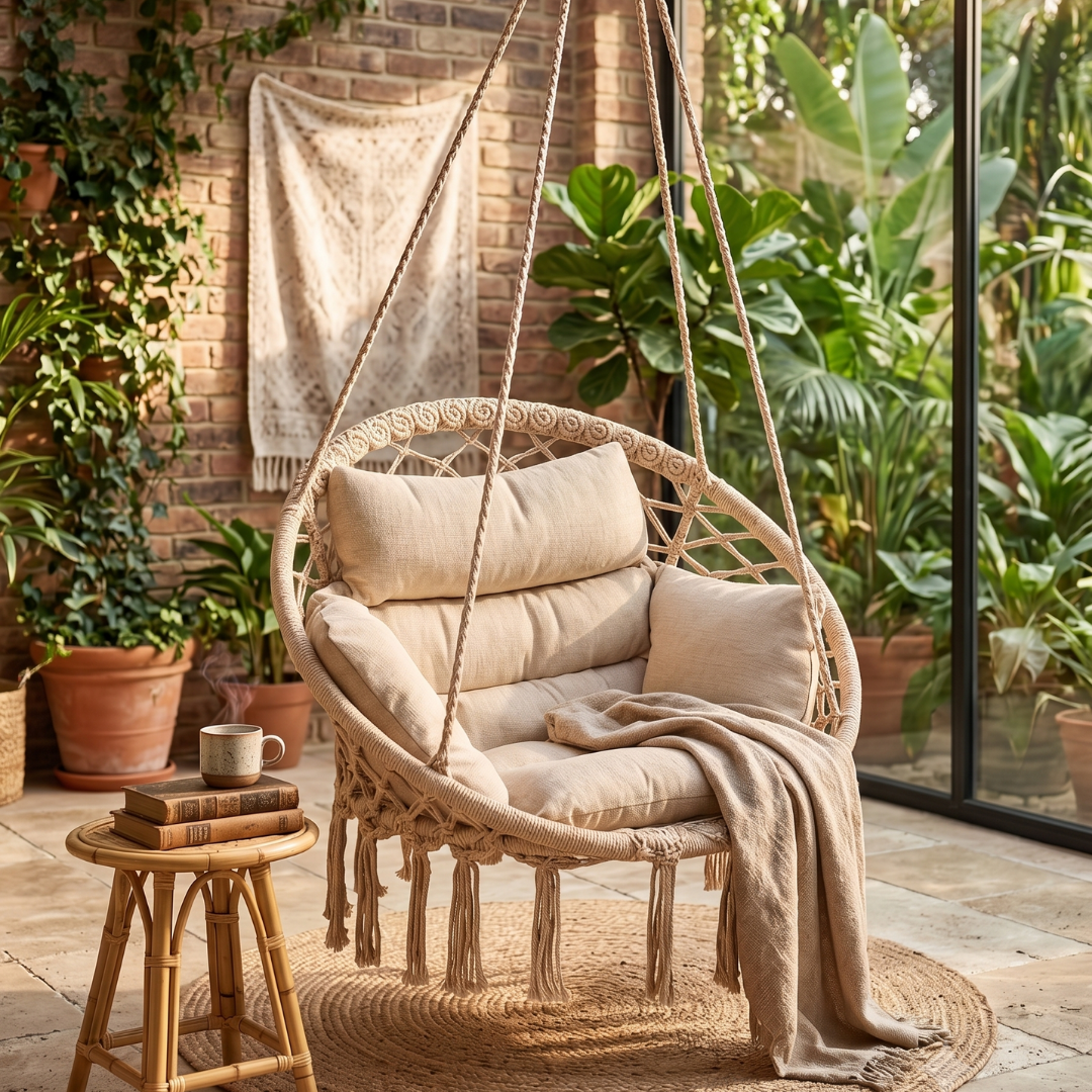 Boho Macrame Hammock Chair with Cushion for Patio and Porch Use