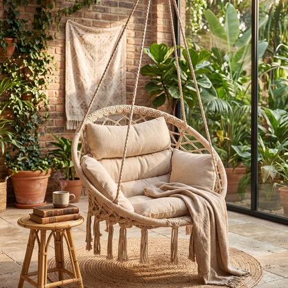 Boho Macrame Hammock Chair with Cushion for Patio and Porch Use