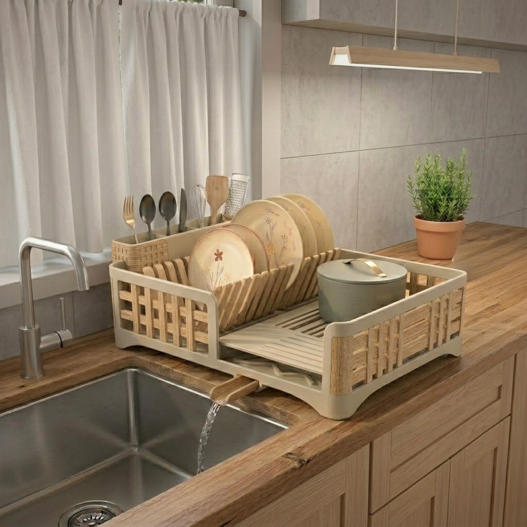 Countertop Dish Drying Rack with Drain Tray and Utensil Holder