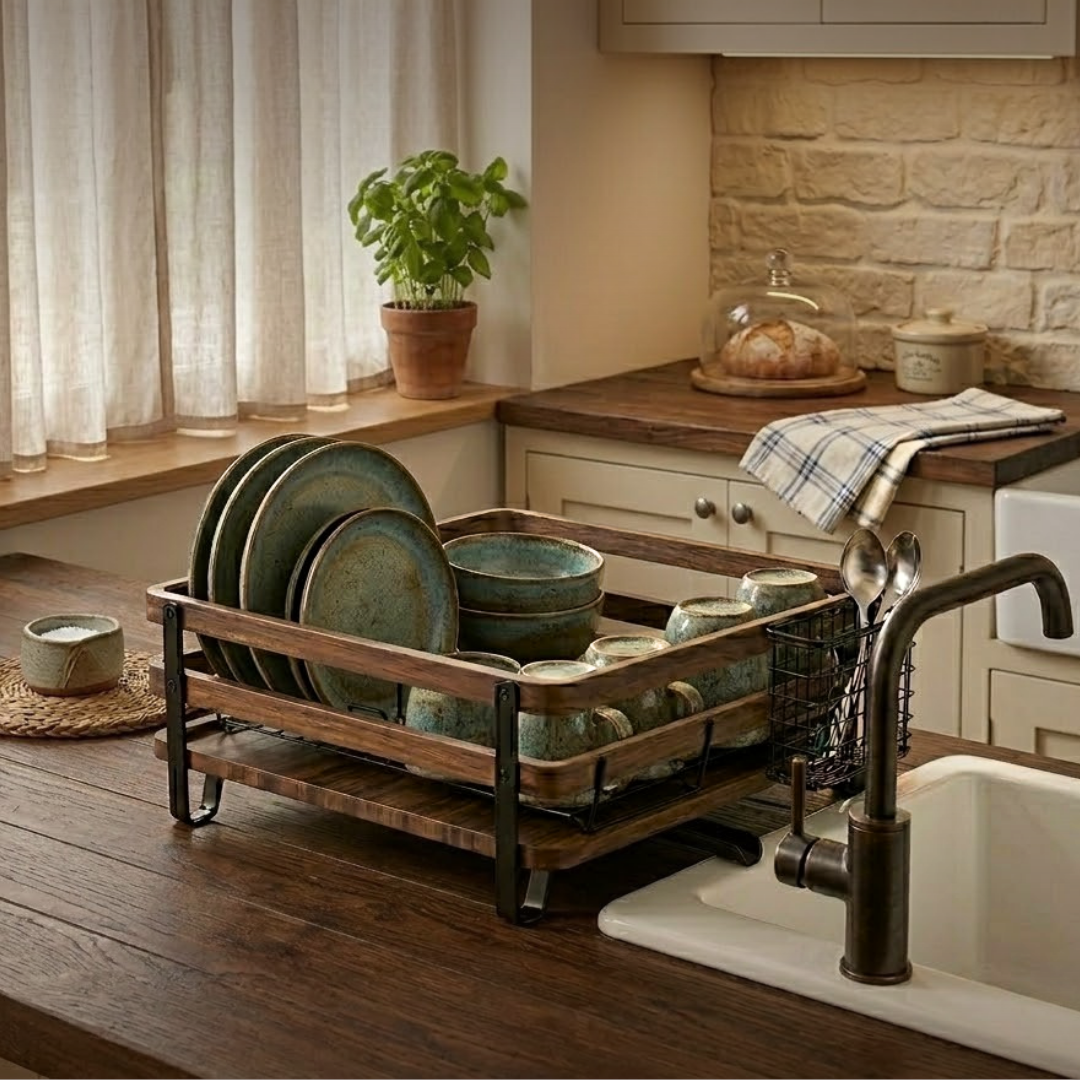 Countertop Dish Drying Rack with Utensils Holder and Drain Tray