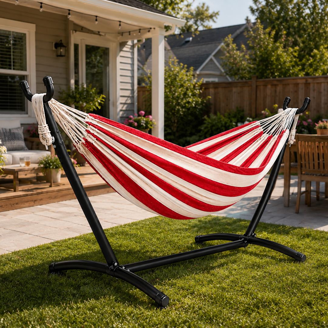 Double Hammock With Steel Stand 450 lb Capacity for Patio Yard Use