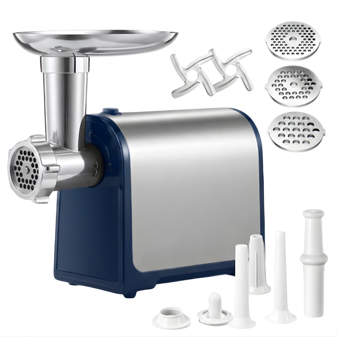 Electric Meat Grinder Kit with Plates, Blades, and Sausage Tubes