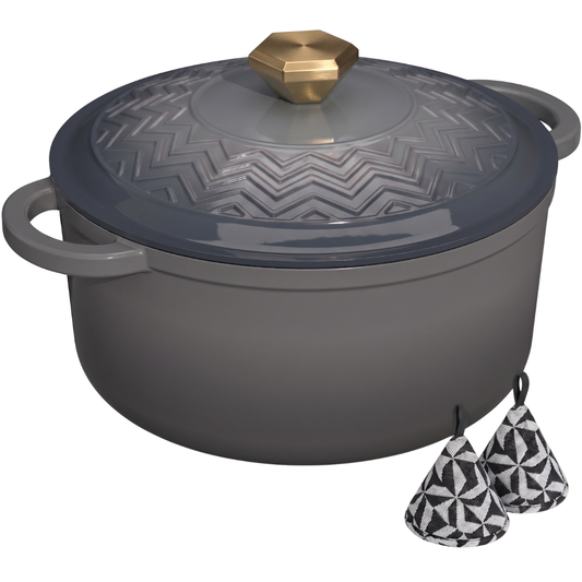 Enameled Cast Iron Dutch Oven with Moisture-Seal Lid and Potholders